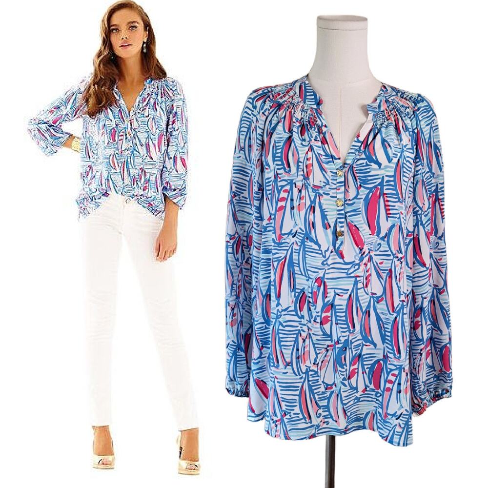 LILLY PULITZER Silk Elsa Blouse Red Right Return Sailboat Top Medium BLue Pink